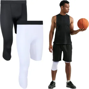 2 Packs Men's Football 3/4 One Leg Compression Tights Unisex Leggings Athletic Base Layer for Football Basketball Sports