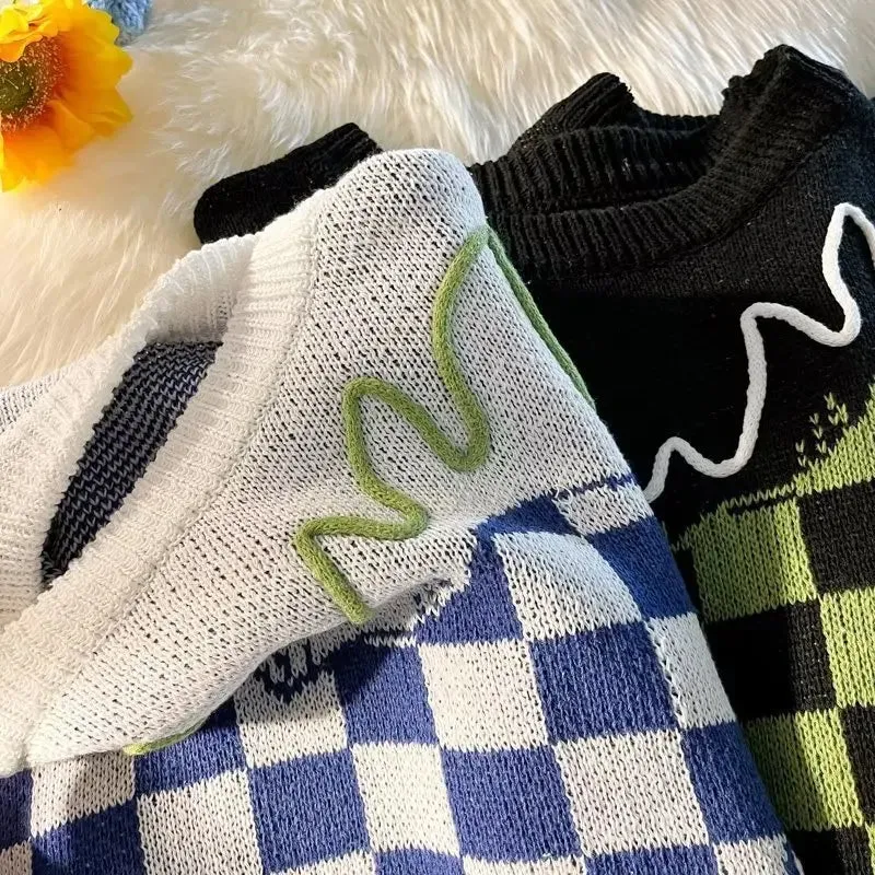 Aidase Sweaters Men Classic Fashion Popular Autumn Winter Plaid Heart-shape Pattern Contrast Color American Style Unisex Cozy Couple