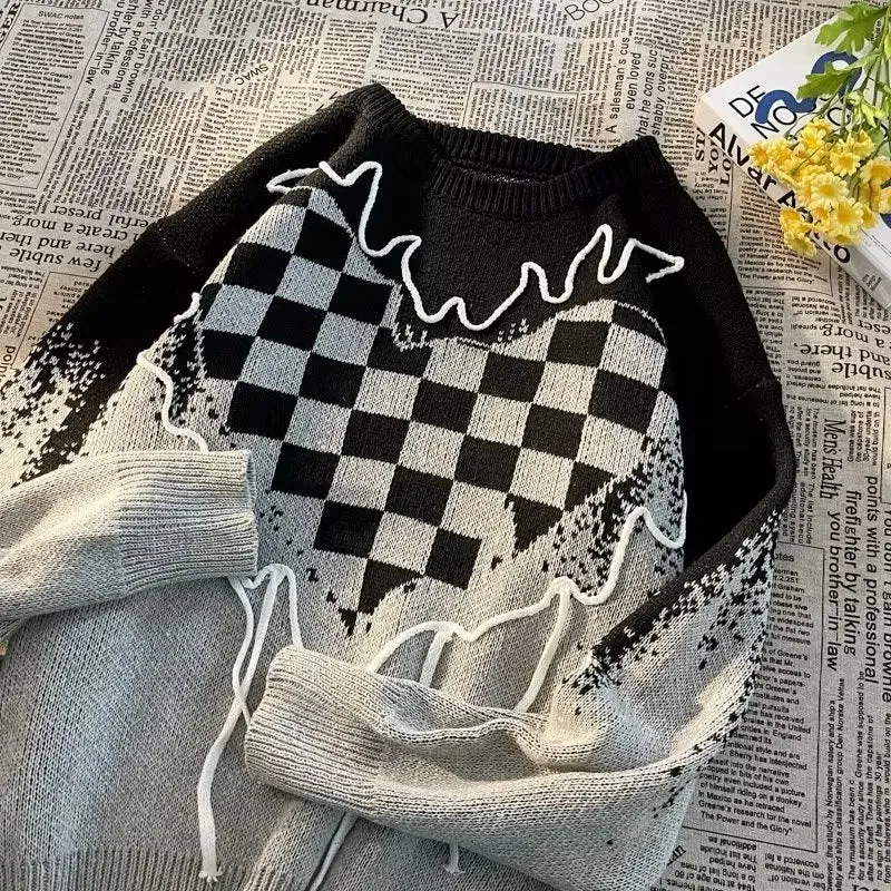 Aidase Sweaters Men Classic Fashion Popular Autumn Winter Plaid Heart-shape Pattern Contrast Color American Style Unisex Cozy Couple