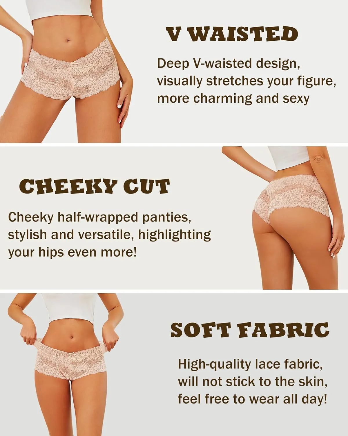 ALL OF ME Women Underwear Sexy Lace Boy Shorts V-Waist Lightweight Seamless Soft Cheeky Panties 5 Pack
