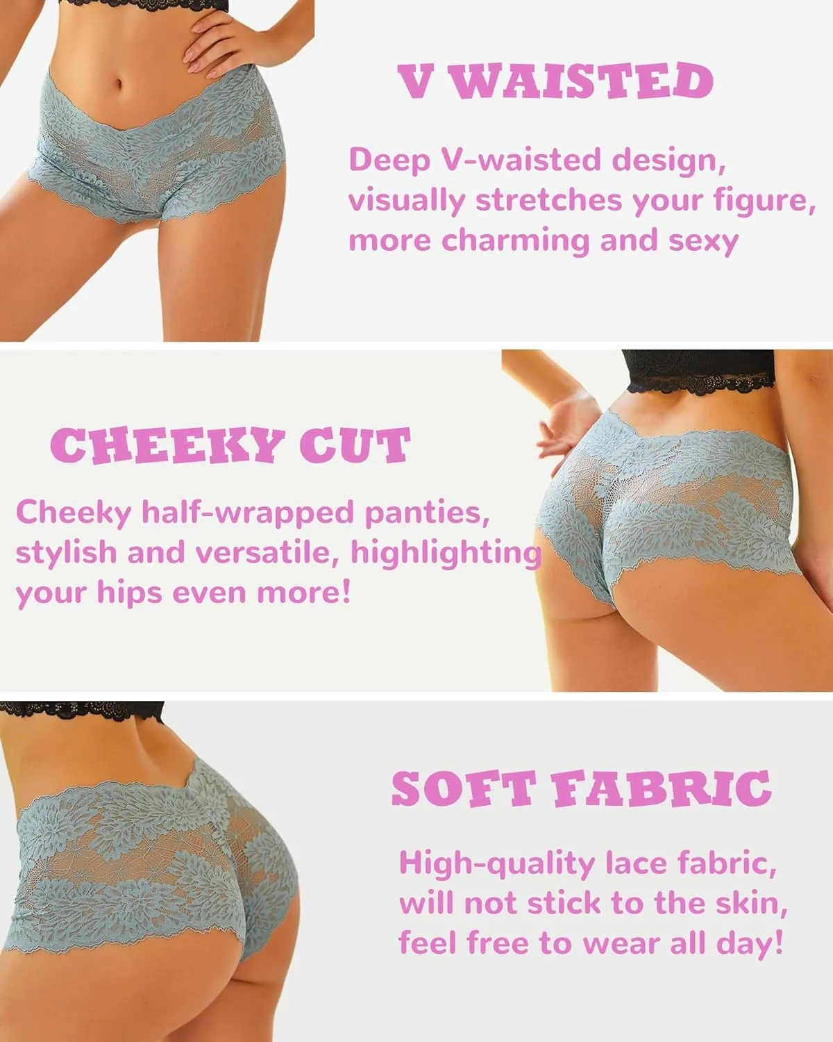 ALL OF ME Women Underwear Sexy Lace Boy Shorts V-Waist Lightweight Seamless Soft Cheeky Panties 5 Pack