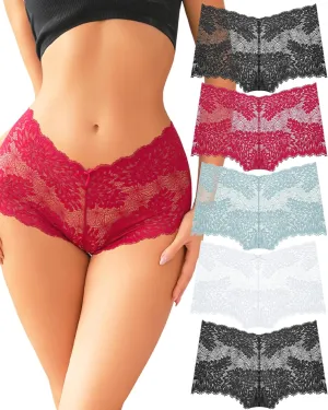 ALL OF ME Women Underwear Sexy Lace Boy Shorts V-Waist Lightweight Seamless Soft Cheeky Panties 5 Pack