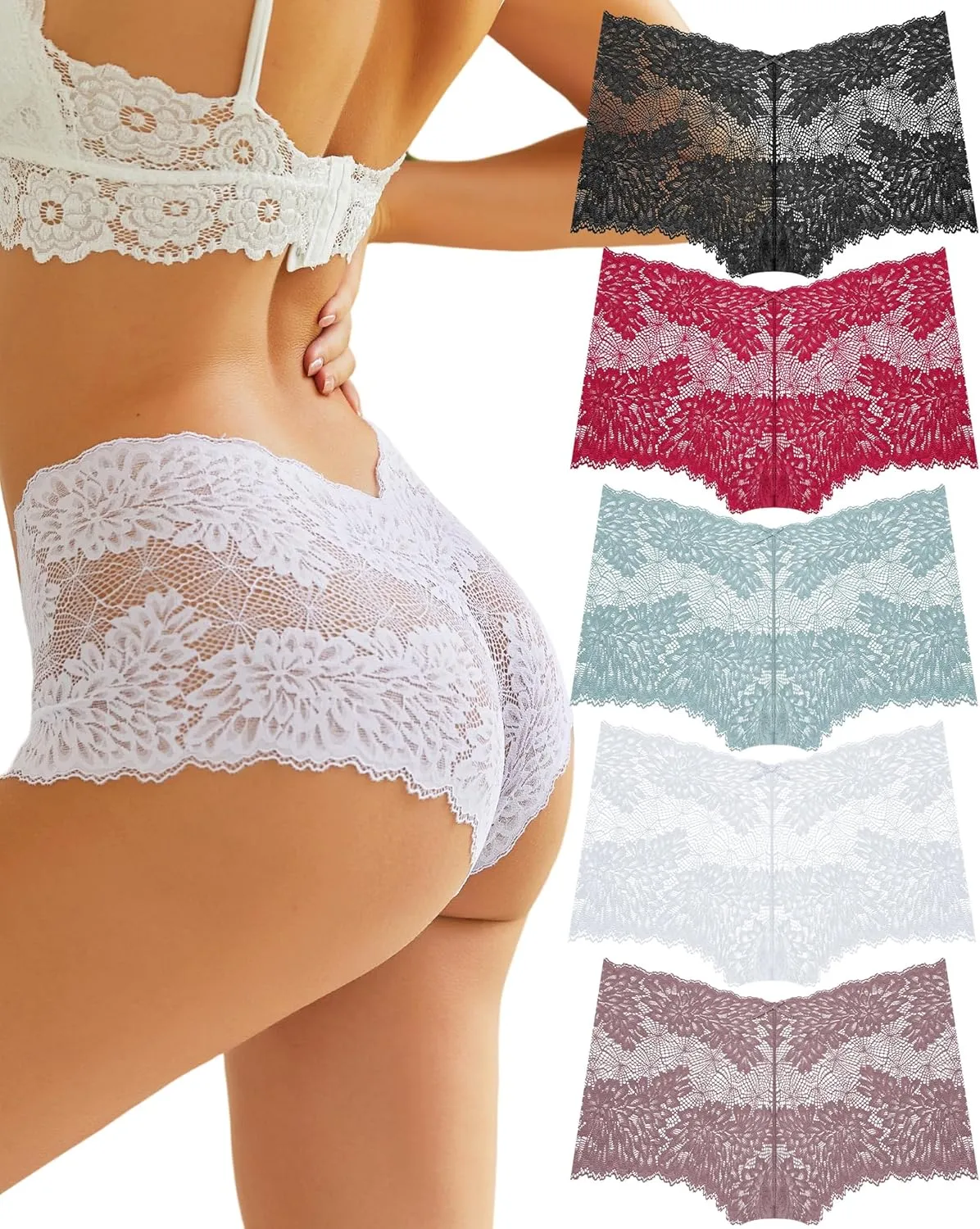 ALL OF ME Women Underwear Sexy Lace Boy Shorts V-Waist Lightweight Seamless Soft Cheeky Panties 5 Pack