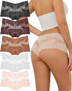 ALL OF ME Women Underwear Sexy Lace Boy Shorts V-Waist Lightweight Seamless Soft Cheeky Panties 5 Pack