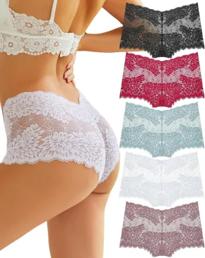 ALL OF ME Women Underwear Sexy Lace Boy Shorts V-Waist Lightweight Seamless Soft Cheeky Panties 5 Pack