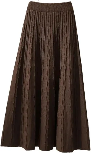 Autumn Winter Pleated Long Skirts for Women Vintage Elastic A-Line High Waist Knitted Skirt Elegant Midi Skirt