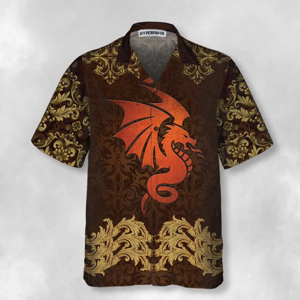Baroque Dark Brown Dragon Hawaiian Shirt, Vintage Pattern Dragon Aloha Shirt Summer For Men, Best Gift For Dragon Lovers, Summer, Husband, Boyfriend
