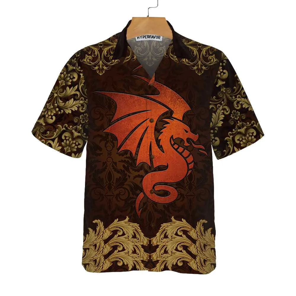 Baroque Dark Brown Dragon Hawaiian Shirt, Vintage Pattern Dragon Aloha Shirt Summer For Men, Best Gift For Dragon Lovers, Summer, Husband, Boyfriend