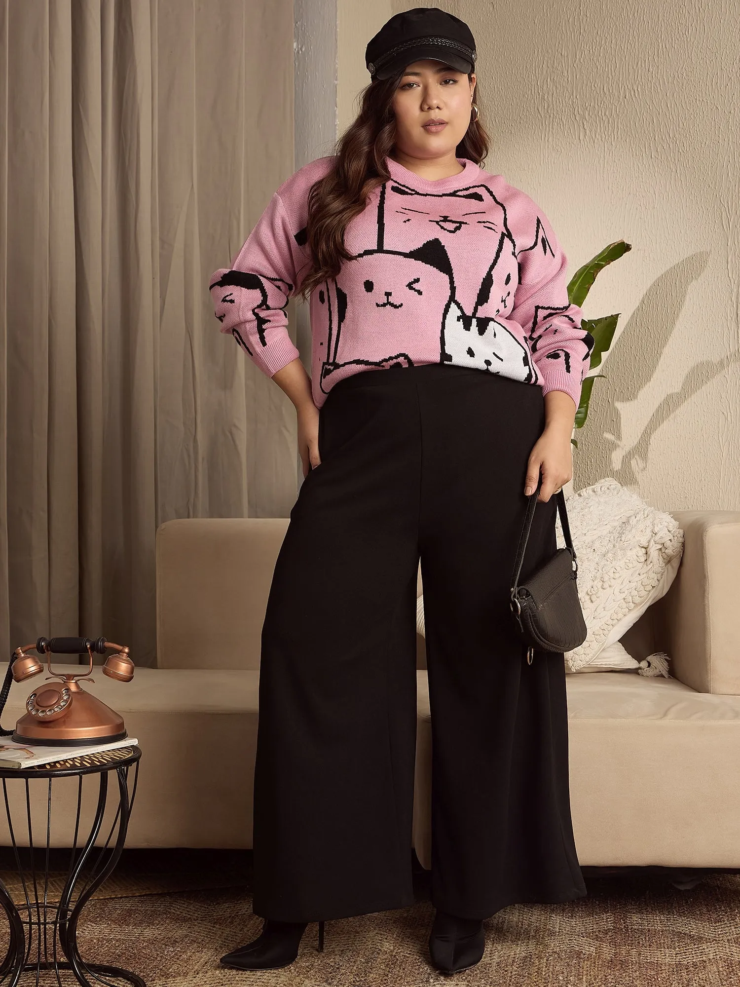 Berrylush Curve Women Pink & Black Cat Printed Round Neck Drop-Shoulder Sleeves Ribbed Hem Regular Sweater