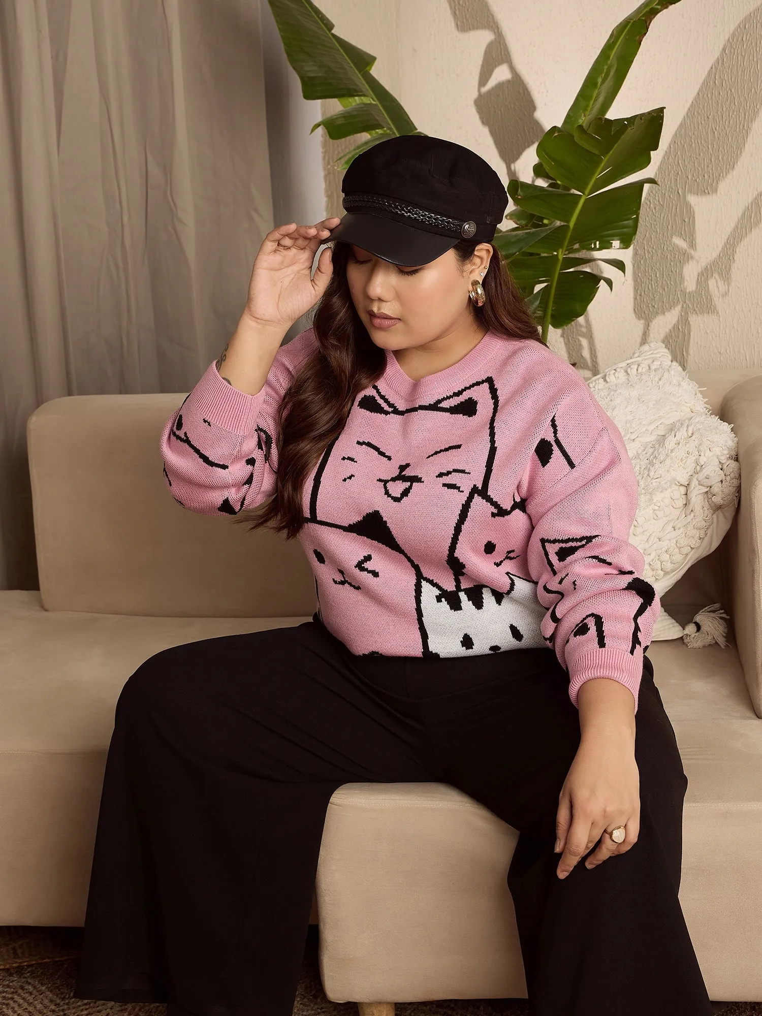 Berrylush Curve Women Pink & Black Cat Printed Round Neck Drop-Shoulder Sleeves Ribbed Hem Regular Sweater