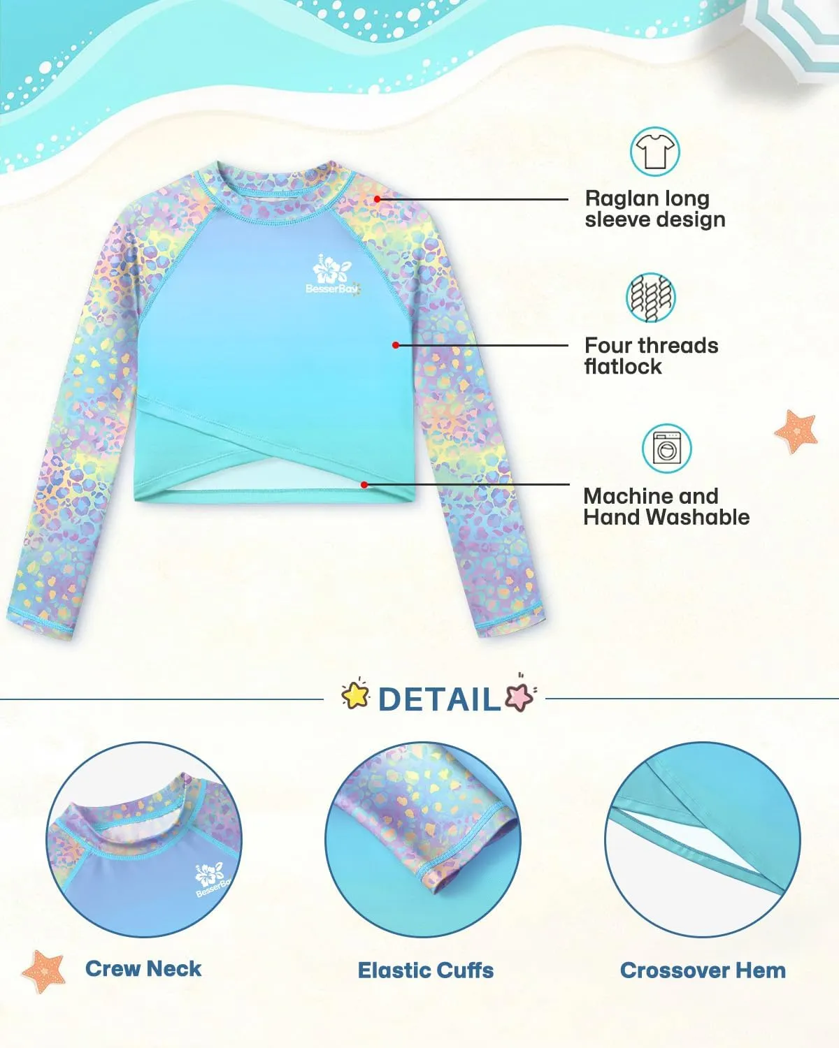 BesserBay Girls UPF 50  Long Sleeve Mock Neck Crossover Hem Swim Crop Top 4-12 Years