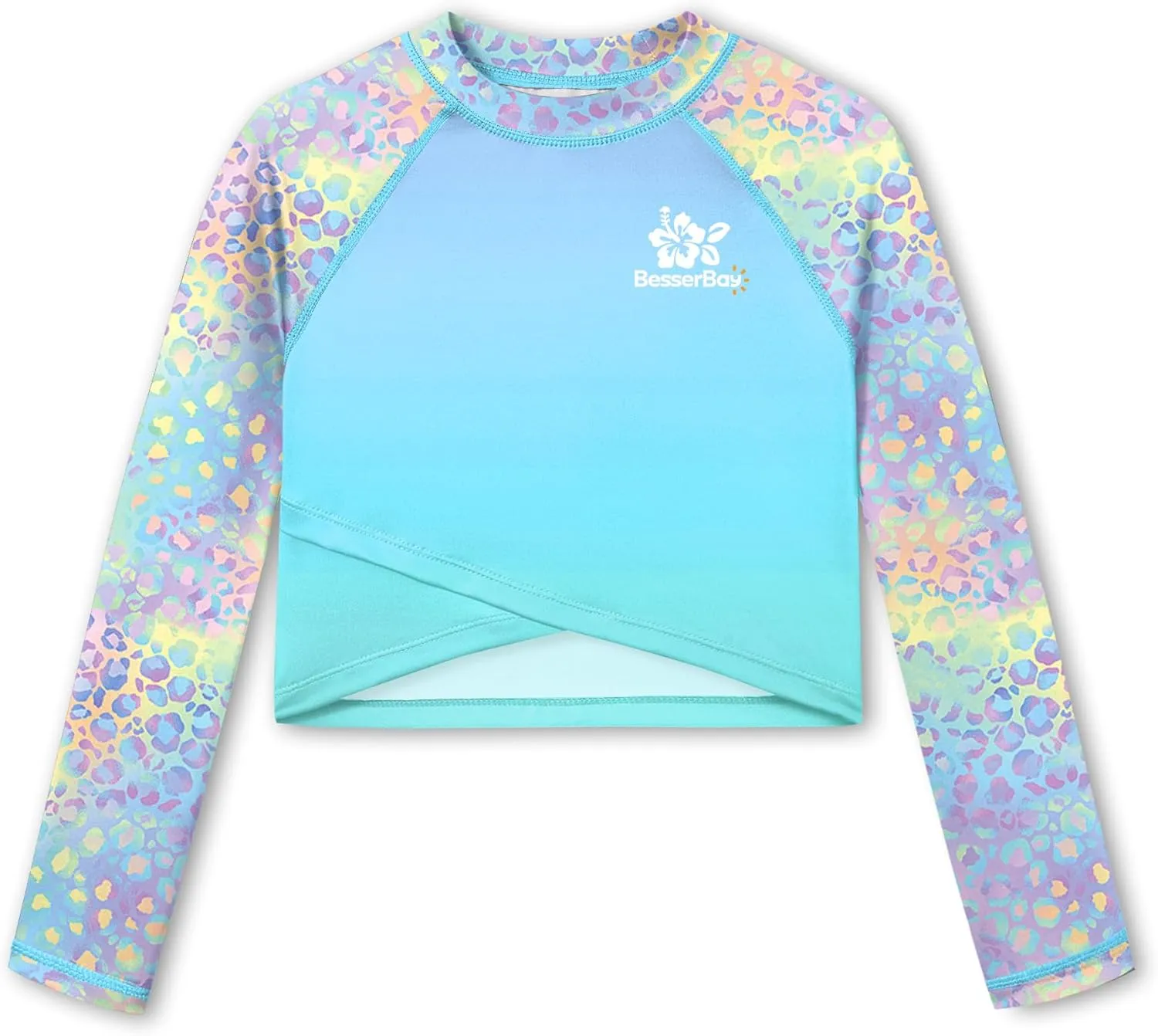 BesserBay Girls UPF 50  Long Sleeve Mock Neck Crossover Hem Swim Crop Top 4-12 Years