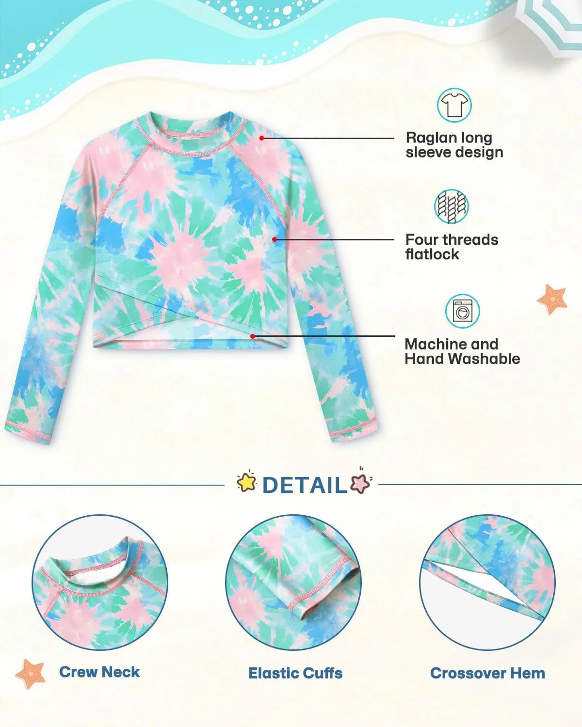 BesserBay Girls UPF 50  Long Sleeve Mock Neck Crossover Hem Swim Crop Top 4-12 Years