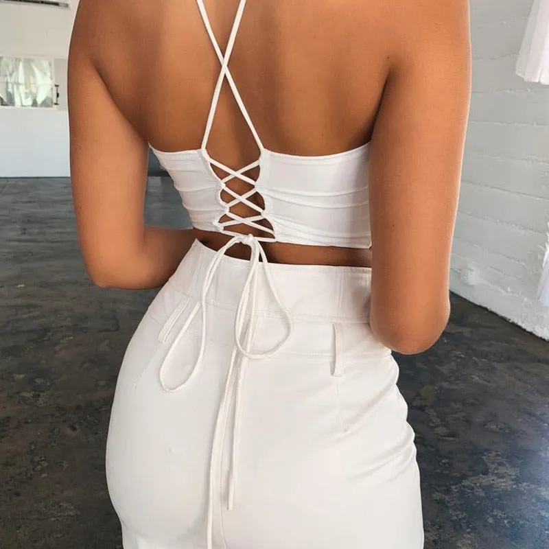 Black White Lace Up Halter  Crop Top
