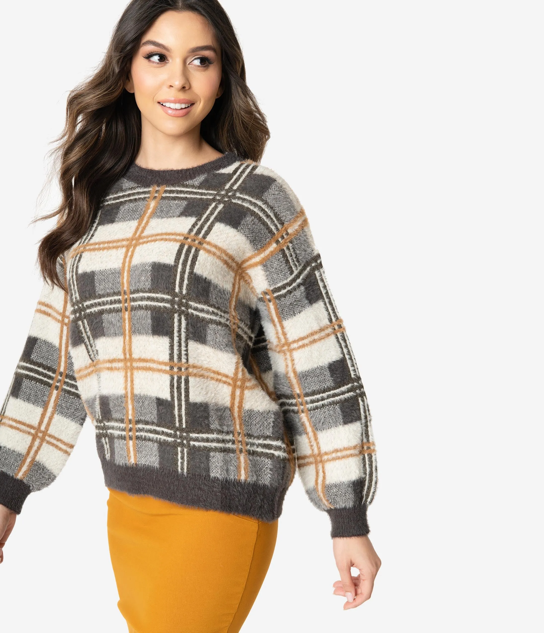 Brown & Ivory Plaid Fuzzy Knit Long Sleeve Sweater
