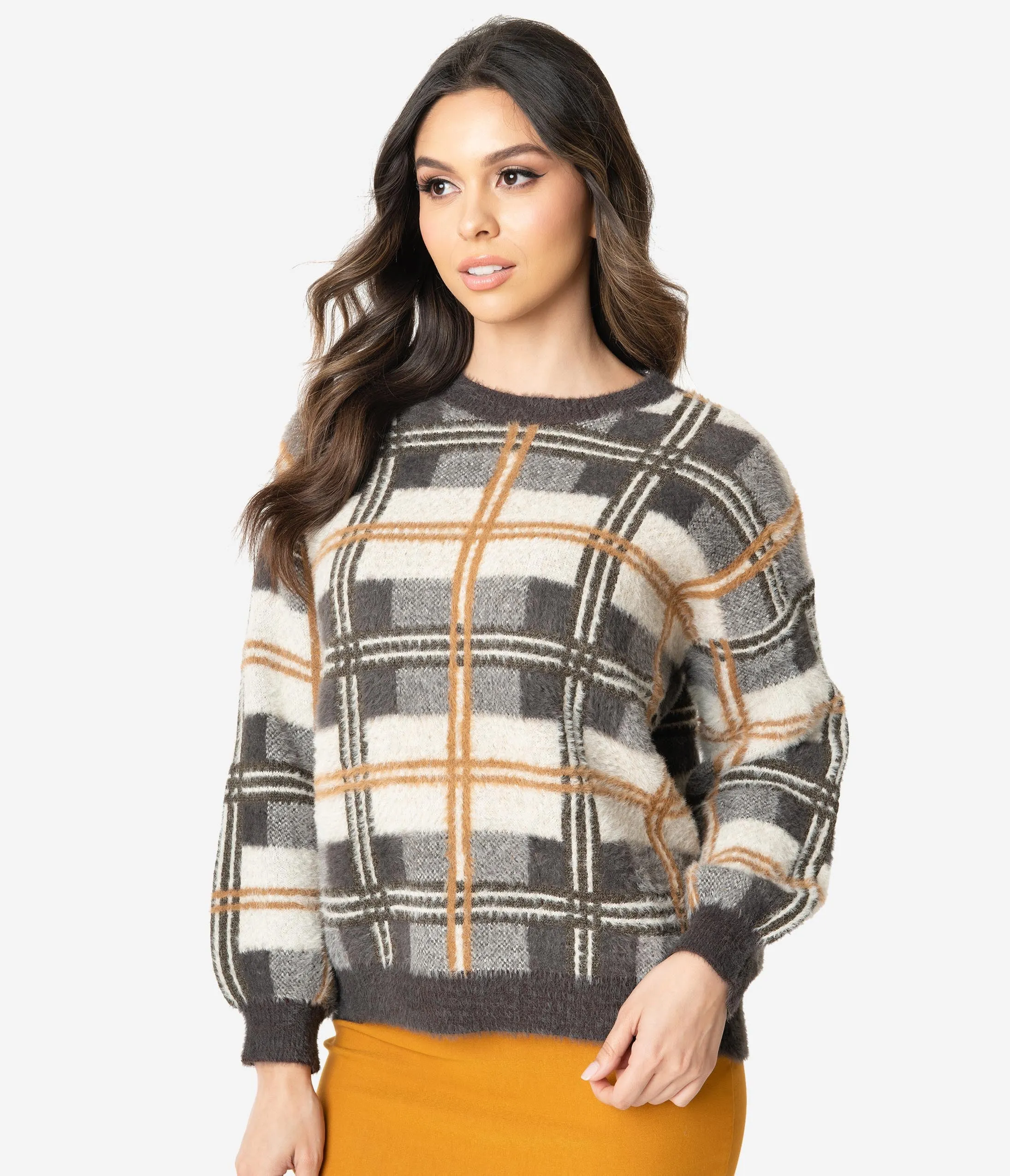 Brown & Ivory Plaid Fuzzy Knit Long Sleeve Sweater