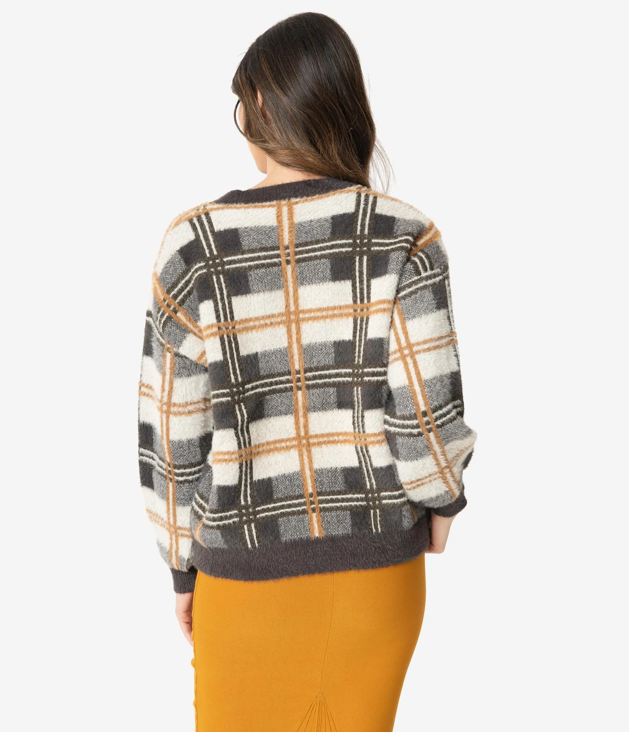 Brown & Ivory Plaid Fuzzy Knit Long Sleeve Sweater