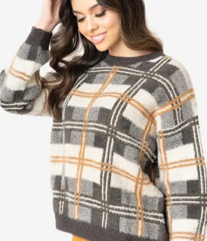 Brown & Ivory Plaid Fuzzy Knit Long Sleeve Sweater