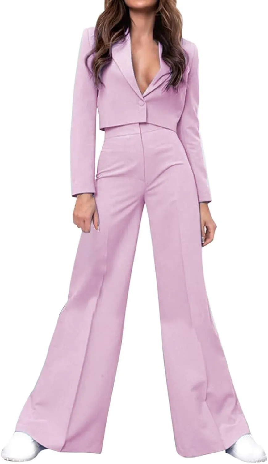 Business Casual Blazer Set for Women Sexy Low Cut V-Neck Crop Blazers High Waist Wide Leg Flare Trousers 2 Piece Suit