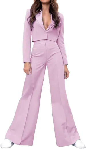 Business Casual Blazer Set for Women Sexy Low Cut V-Neck Crop Blazers High Waist Wide Leg Flare Trousers 2 Piece Suit