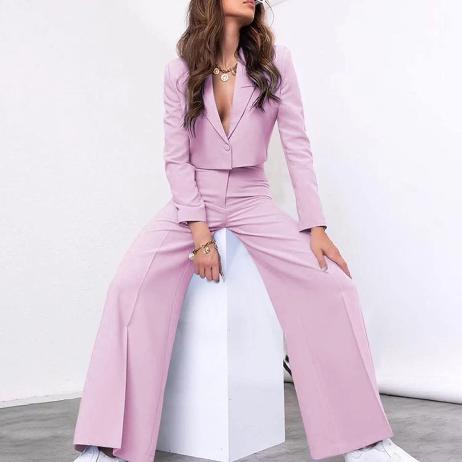 Business Casual Blazer Set for Women Sexy Low Cut V-Neck Crop Blazers High Waist Wide Leg Flare Trousers 2 Piece Suit