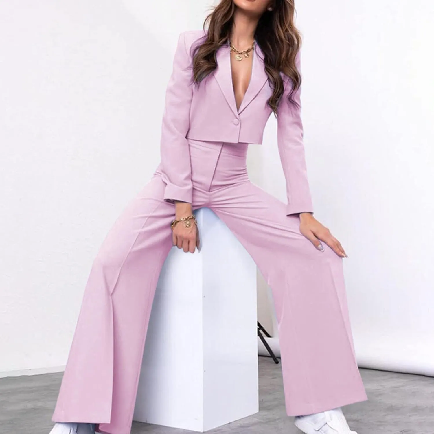 Business Casual Blazer Set for Women Sexy Low Cut V-Neck Crop Blazers High Waist Wide Leg Flare Trousers 2 Piece Suit
