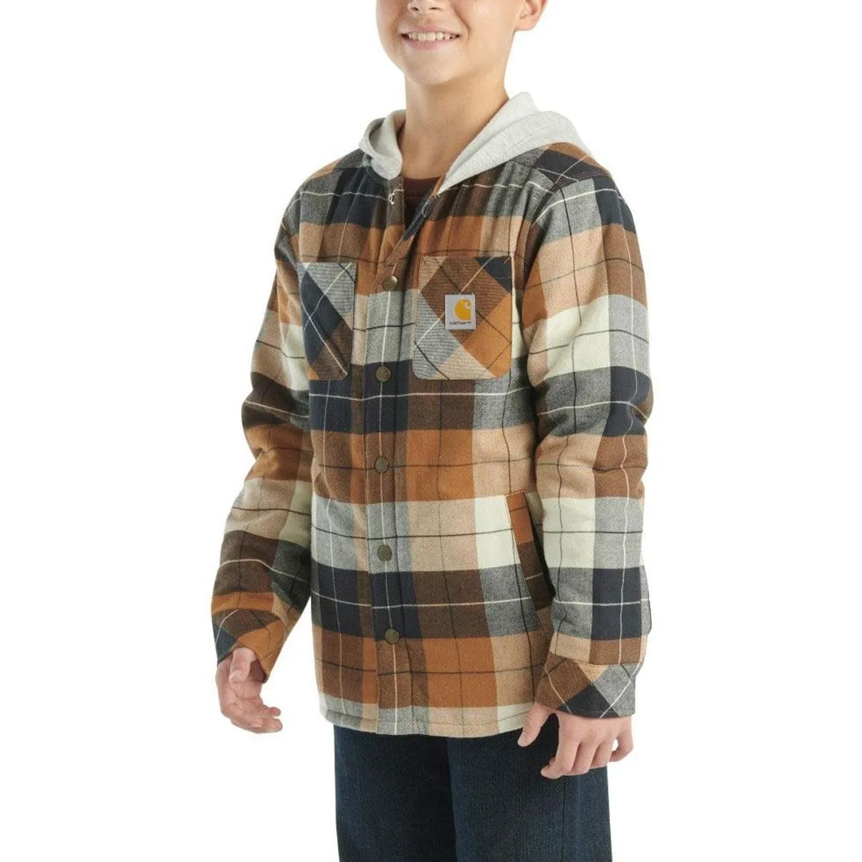 Carhartt Boy's Long Sleeve Flannel Button Down Hooded Shirt Jacket CP8584-D15, CP8584-K01