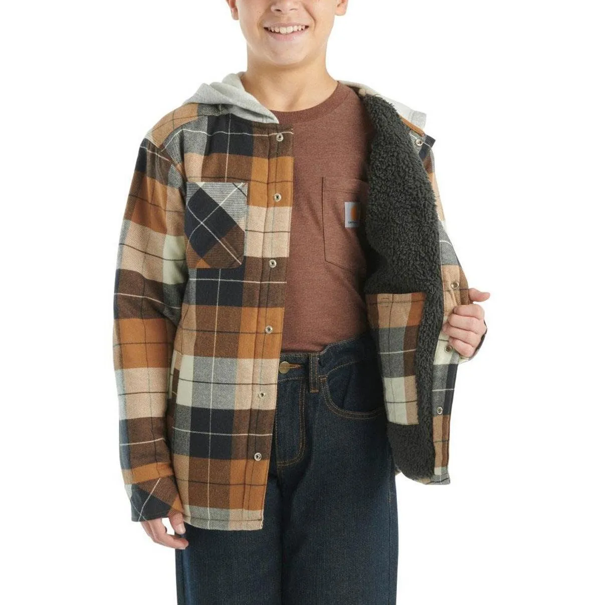 Carhartt Boy's Long Sleeve Flannel Button Down Hooded Shirt Jacket CP8584-D15, CP8584-K01