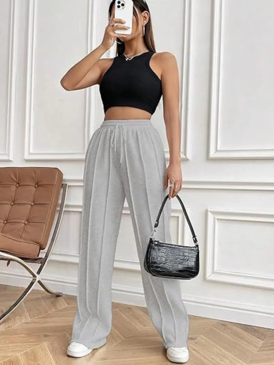 Casual Chic Wide Leg Drawstring Trousers with Pockets