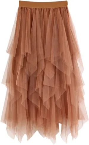 Casual Womens Comfortable Tulle High Waist Pleated Tutu Skirt Ladies Midi Skirt Rainbow Table Skirt (Khaki, One Size)