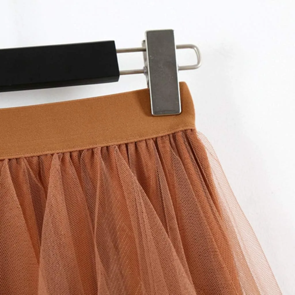 Casual Womens Comfortable Tulle High Waist Pleated Tutu Skirt Ladies Midi Skirt Rainbow Table Skirt (Khaki, One Size)