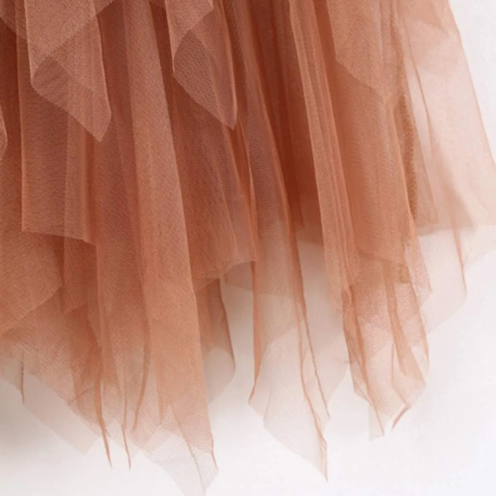 Casual Womens Comfortable Tulle High Waist Pleated Tutu Skirt Ladies Midi Skirt Rainbow Table Skirt (Khaki, One Size)