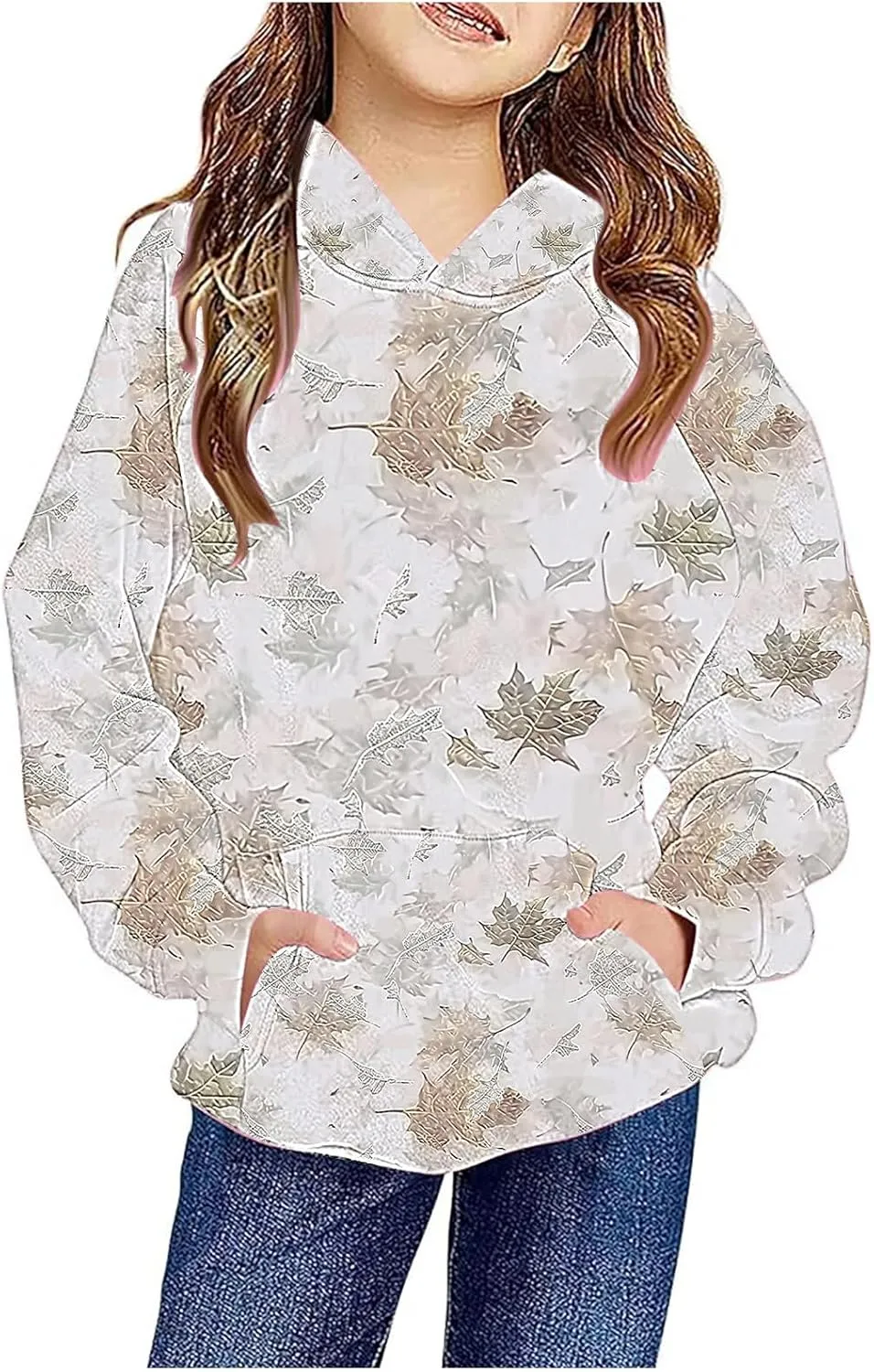 Children's Hoodies Camo Oversized Sweatshirt Maple Leaf Print Pullover Trendy Cute Long Sleeve Tops with Pockets