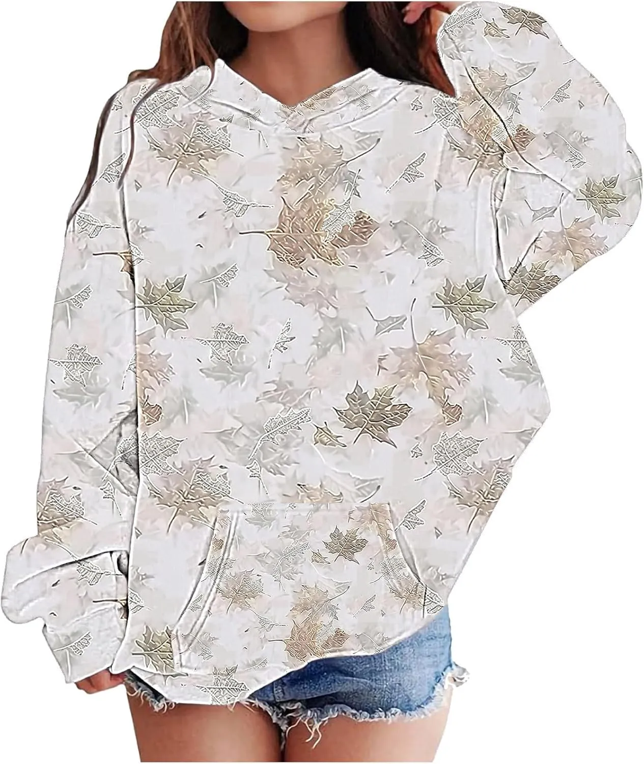 Children's Hoodies Camo Oversized Sweatshirt Maple Leaf Print Pullover Trendy Cute Long Sleeve Tops with Pockets