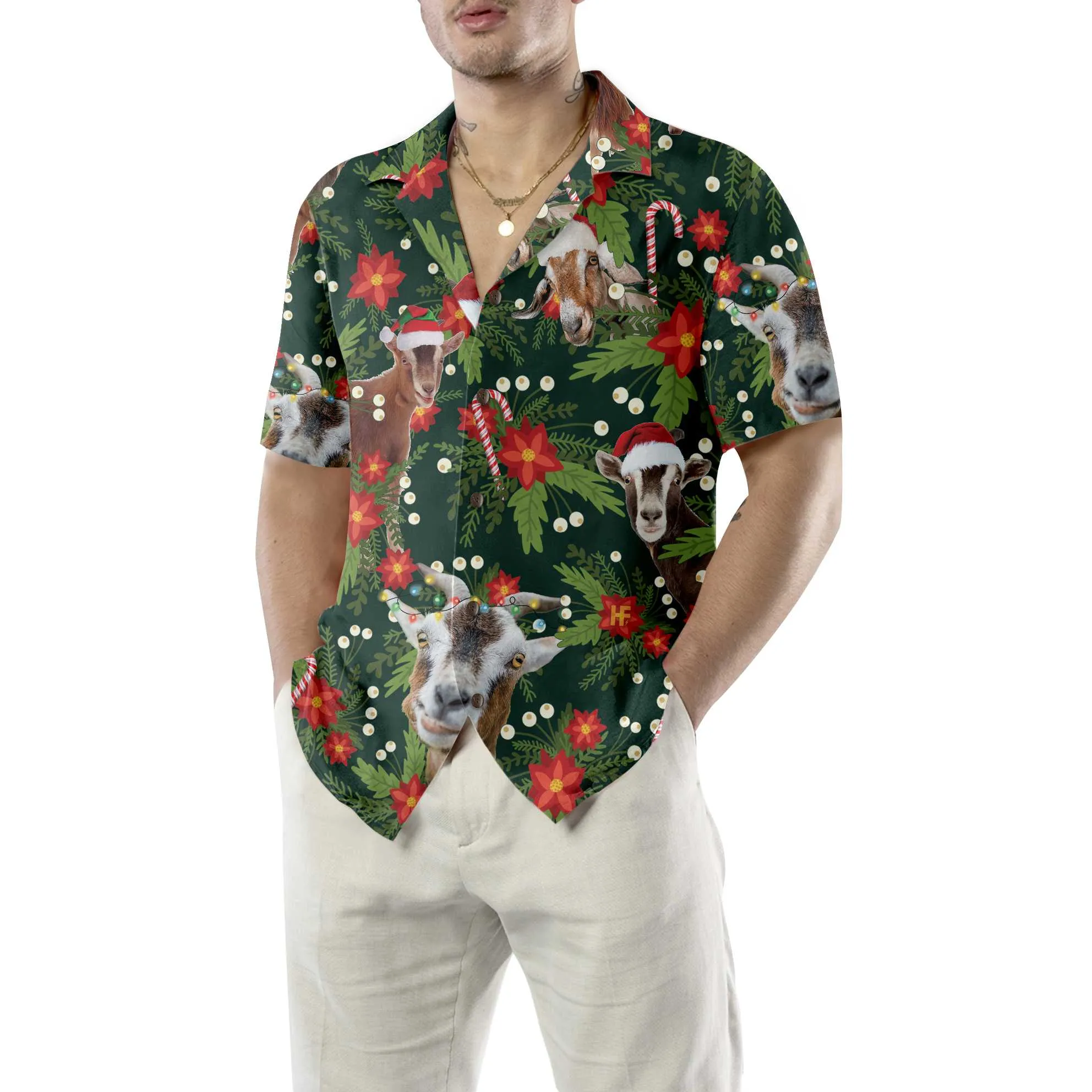 Christmas Goat With Poinsettia Flower Hawaiian Shirt, Funny Christmas Goat Shirt, Best Christmas Gift For lover, Friend, Family