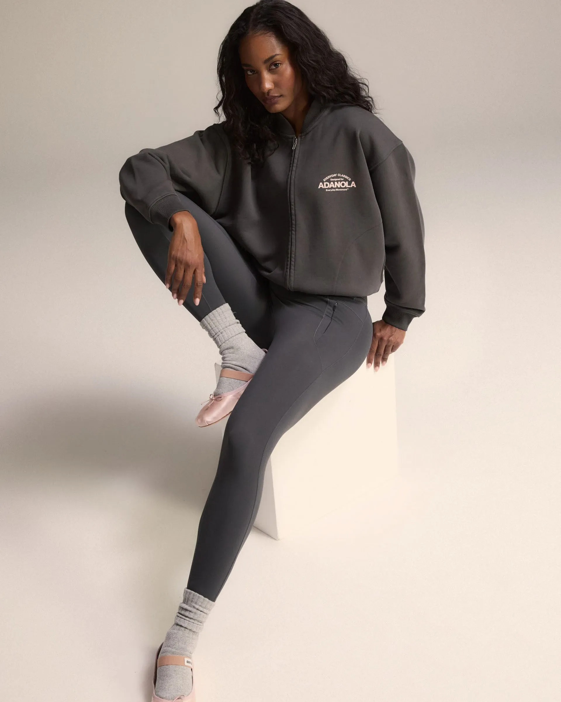 Classics Distressed Full Zip Sweatshirt - Charcoal Grey/Blush Pink