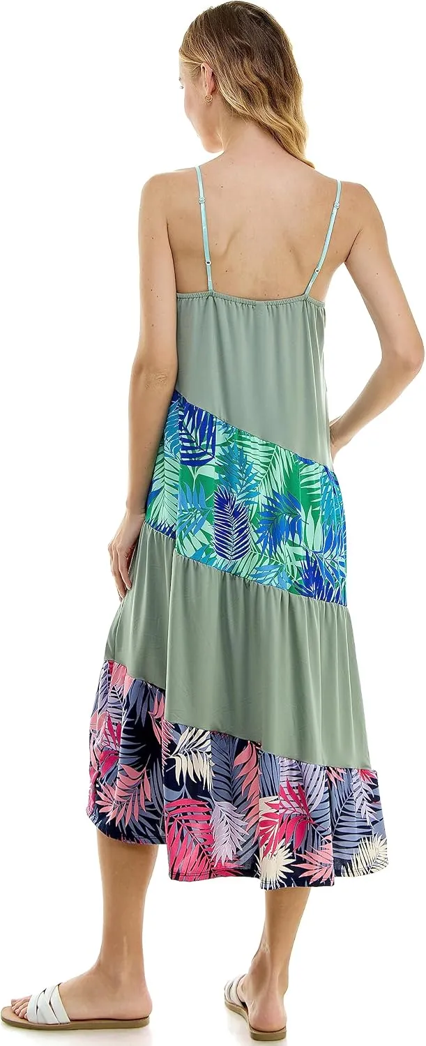 Comfortable summer midi dress with adjustable shoulder straps, color block, tropical print sleeveless