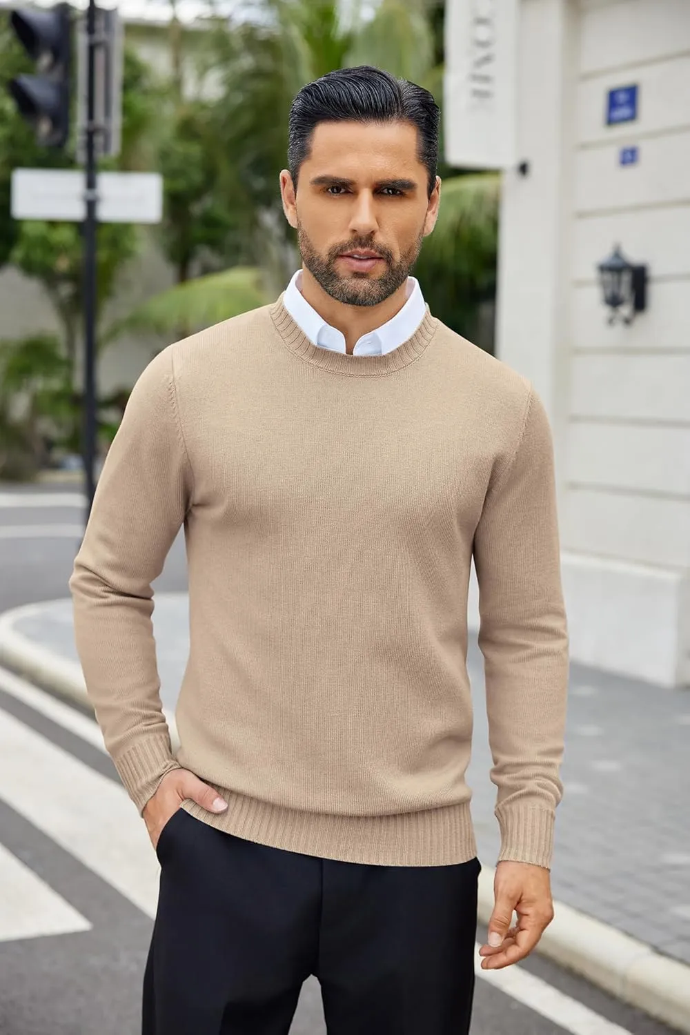 COOFANDY Mens Knit Dress Sweater Crewneck Long Sleeves Slim Fit Sweaters Business Casual Ribbing Pullover Tops