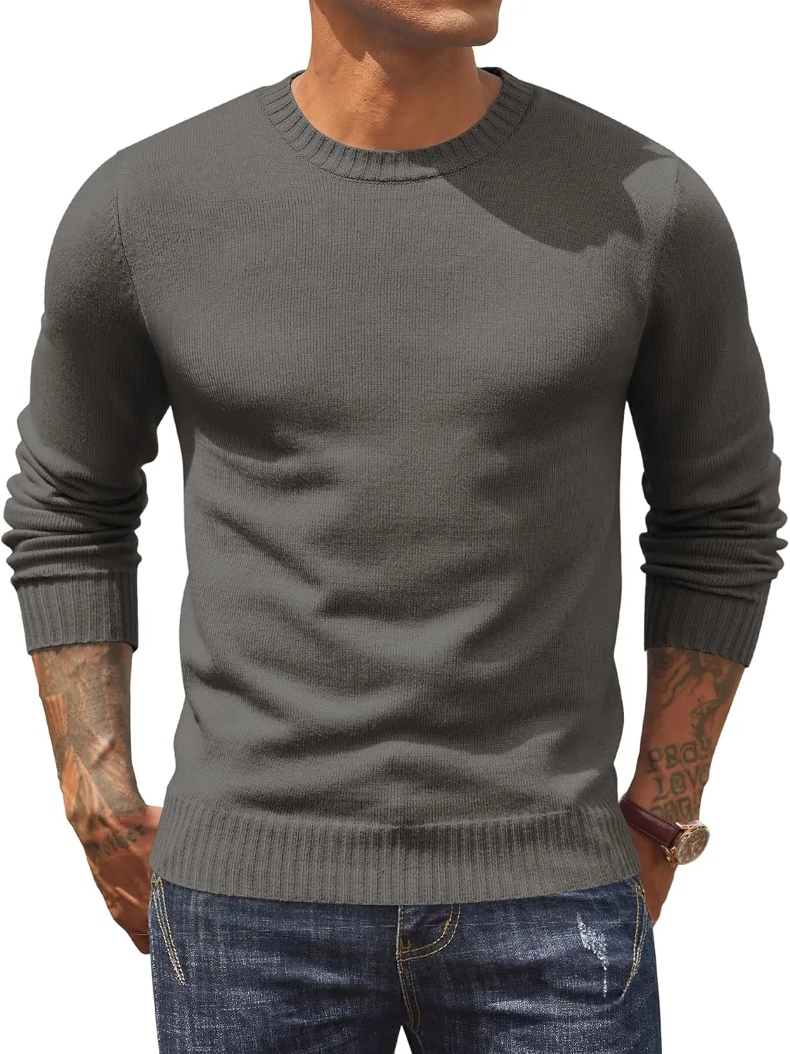 COOFANDY Mens Knit Dress Sweater Crewneck Long Sleeves Slim Fit Sweaters Business Casual Ribbing Pullover Tops