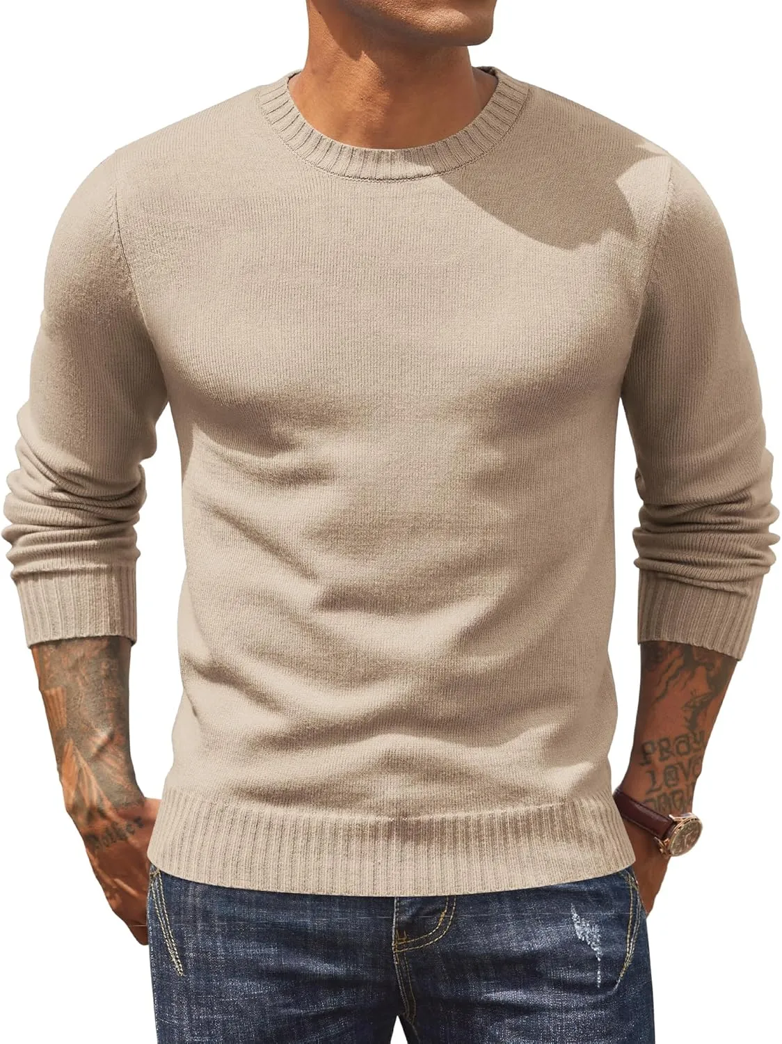 COOFANDY Mens Knit Dress Sweater Crewneck Long Sleeves Slim Fit Sweaters Business Casual Ribbing Pullover Tops