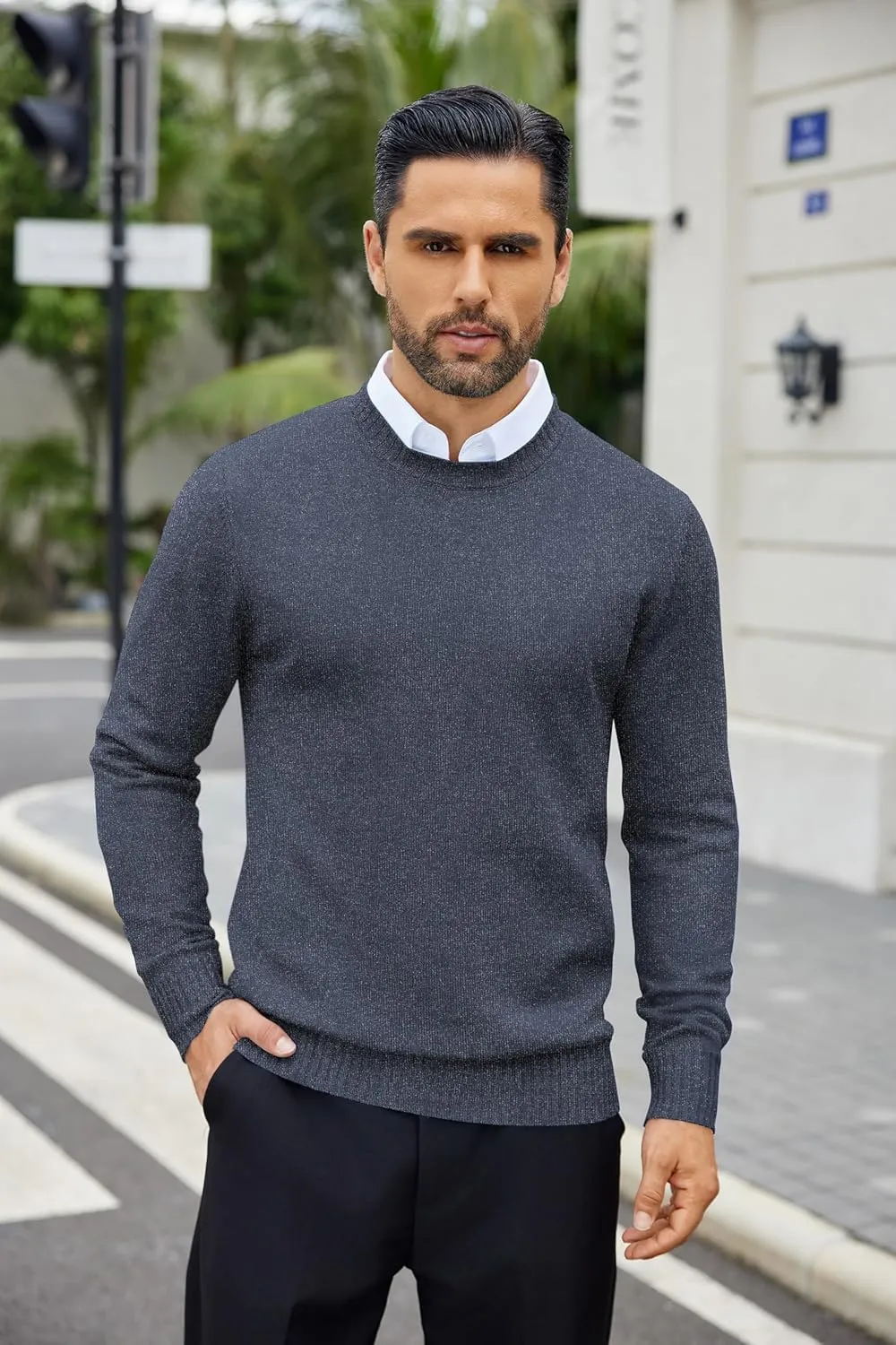 COOFANDY Mens Knit Dress Sweater Crewneck Long Sleeves Slim Fit Sweaters Business Casual Ribbing Pullover Tops