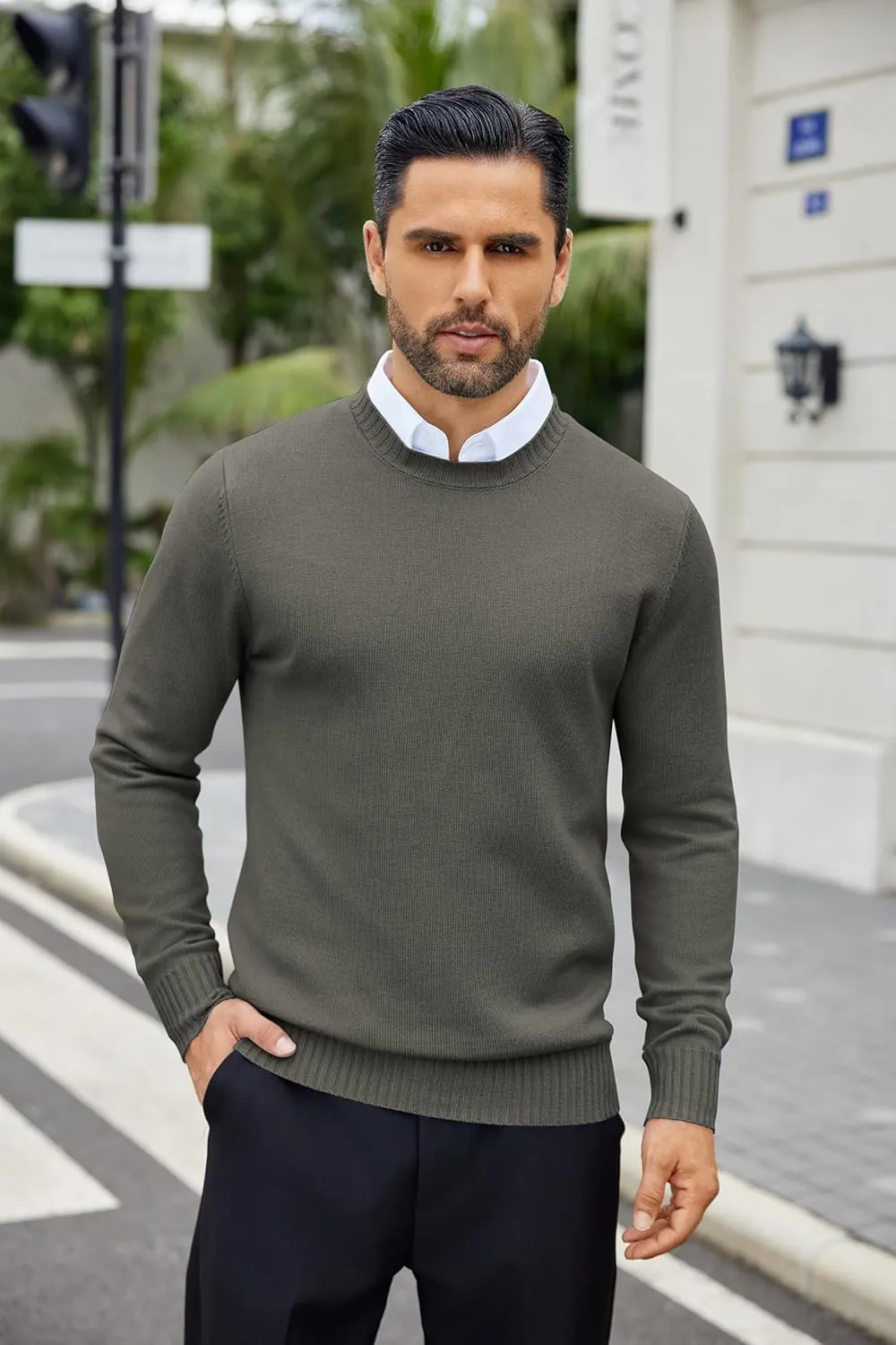 COOFANDY Mens Knit Dress Sweater Crewneck Long Sleeves Slim Fit Sweaters Business Casual Ribbing Pullover Tops