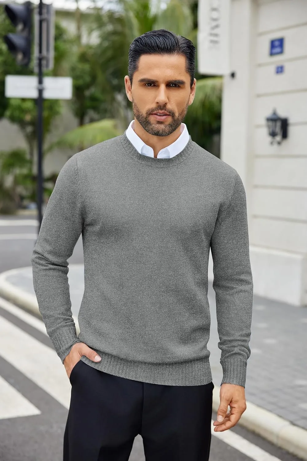 COOFANDY Mens Knit Dress Sweater Crewneck Long Sleeves Slim Fit Sweaters Business Casual Ribbing Pullover Tops