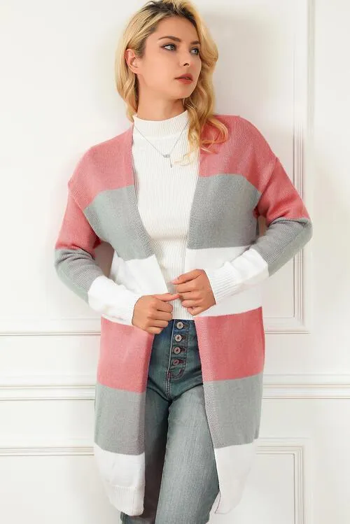 Cozy Shield Open Front Long Striped Cardigan