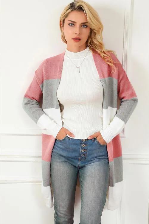 Cozy Shield Open Front Long Striped Cardigan