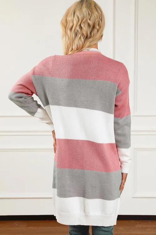 Cozy Shield Open Front Long Striped Cardigan