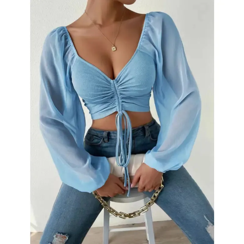 Crop Tops Drawstring V-Neck Lantern Sleeve