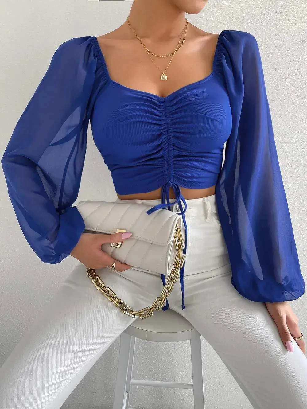 Crop Tops Drawstring V-Neck Lantern Sleeve