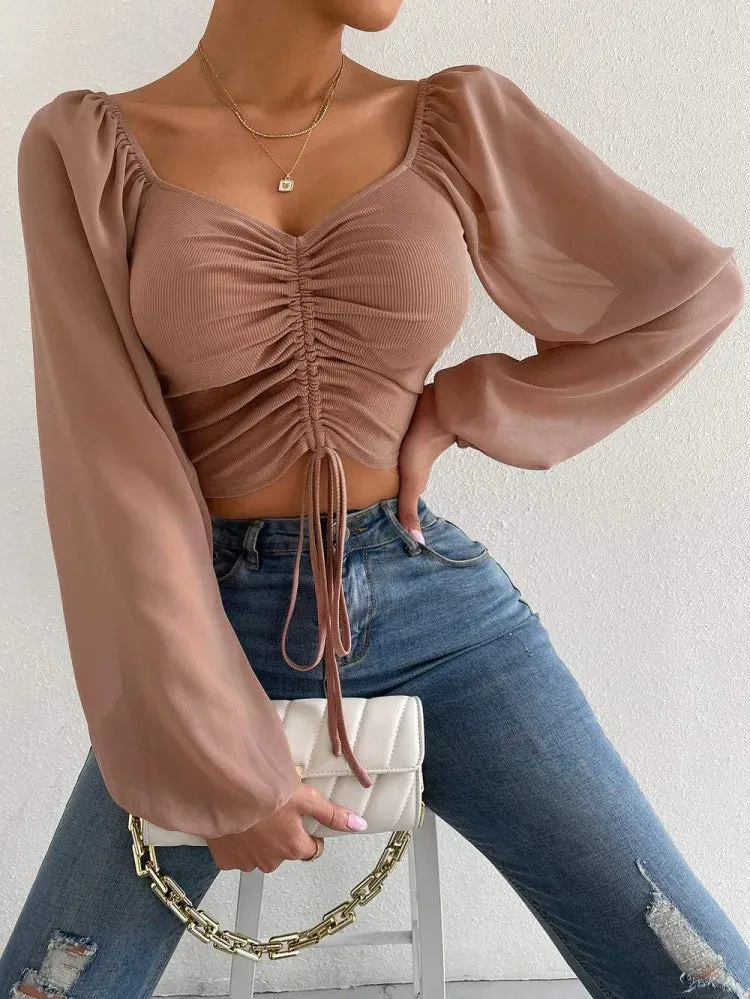Crop Tops Drawstring V-Neck Lantern Sleeve