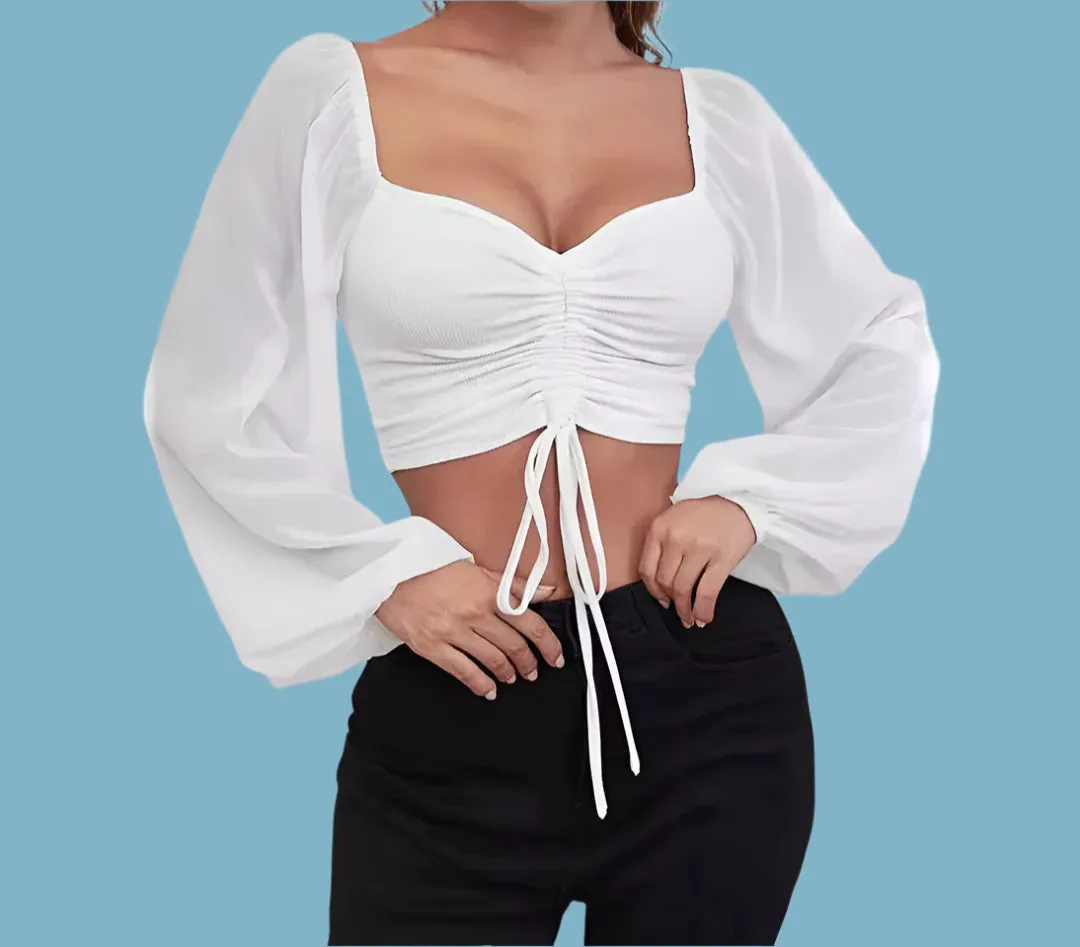 Crop Tops Drawstring V-Neck Lantern Sleeve